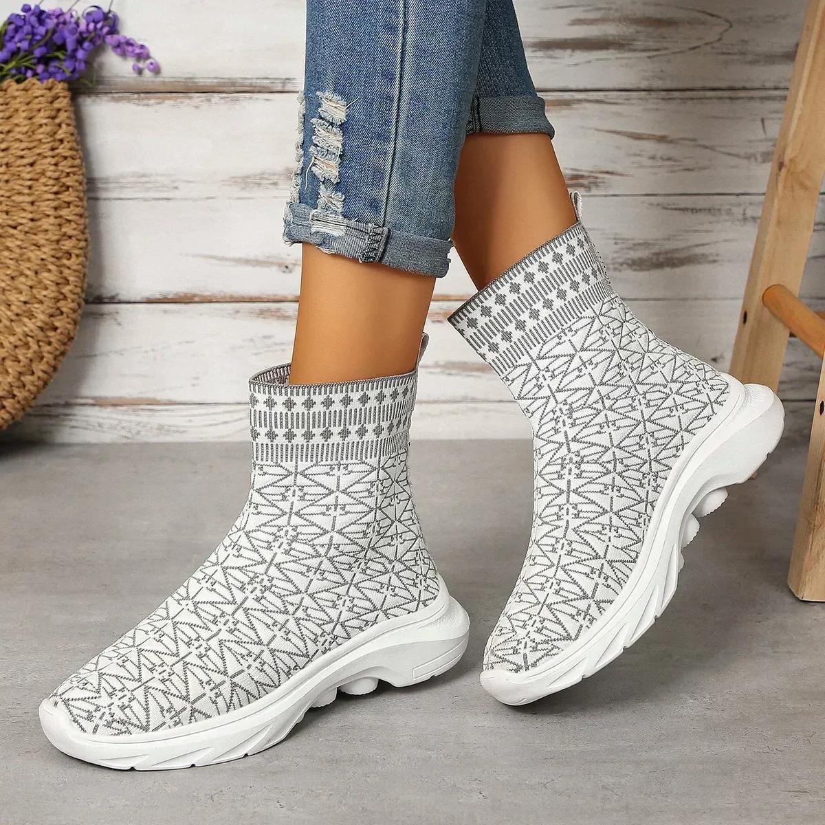 Klobige Plateau-Stiefel für Damen Herbst Slip-On Elastische Gestrickte Stiefeletten Frau Mid-Calf Stiefel Socken Schuhe Größe 43 37 graue