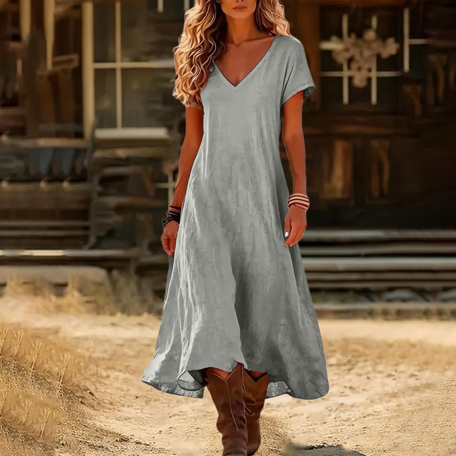 Boho-Kleider für Damen 2026 V-Ausschnitt Kurzarm-Sonnenkleider für Damen Sommerkleider für Damen Lässiger Lockerer Schnitt XXXL