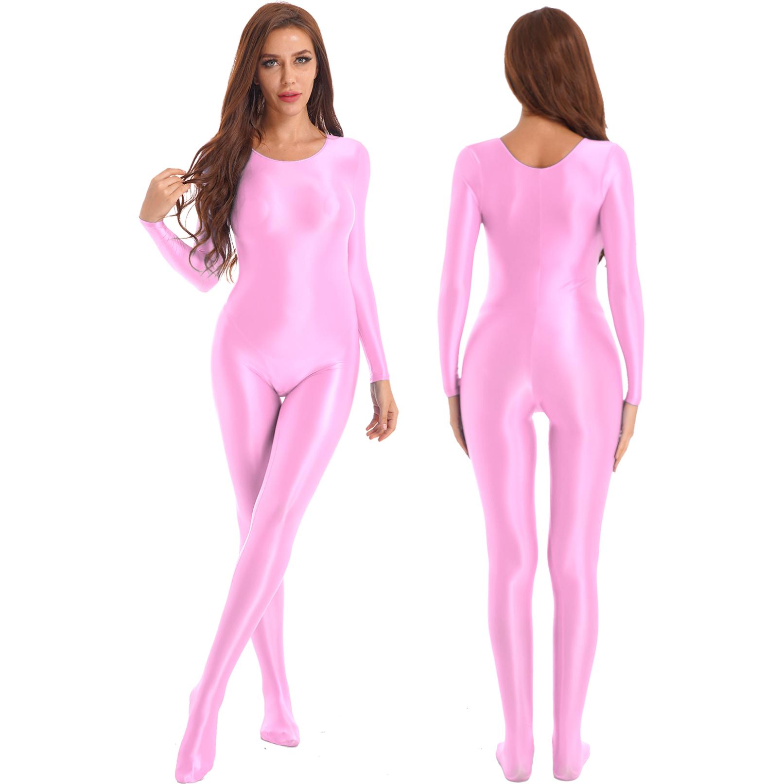 Glänzender holografischer Langarm-Body für Damen, sexy, dünn, Rundhalsausschnitt, glatt, glänzend, Yoga-Body M rosa