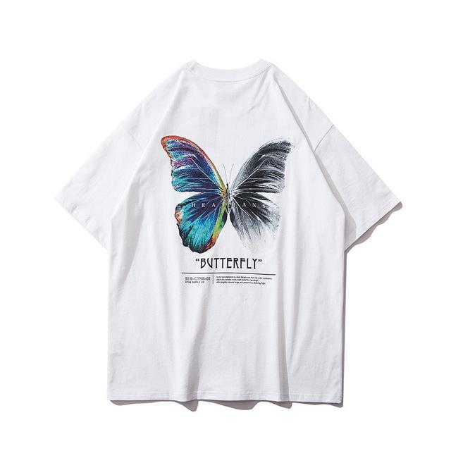 Hip Hop Oversize T Hemd Männer Streetwear Harajuku Farbe Schmetterling T-shirt Kurzarm Baumwolle Lose HipHop T-Shirt Plus Größe XL weiß