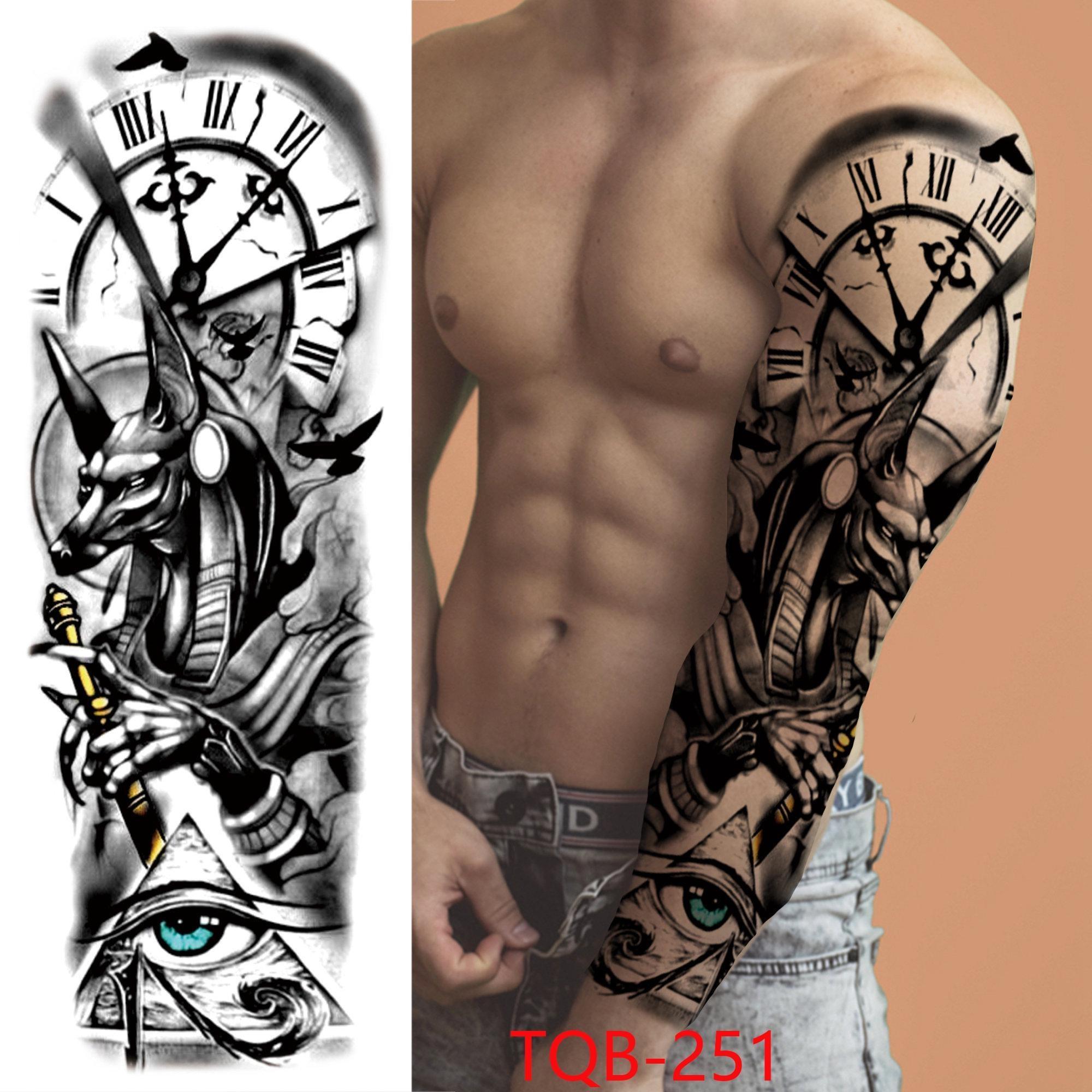 1 STÜCK 480*170 MM Temporäre Tattoo-Ärmel Für Männer Frauen Super Großer Kompass Wolfskopf Auge Gefälschte Löwengott Feder Tattoo Vollen Arm Tattoo Aufkleber TQB-251