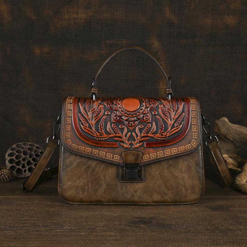 Johnature Handgemachte geprägte Damen Ledertasche Vintage Handtasche Vielseitige Schulter- und Umhängetaschen kaffeebraun