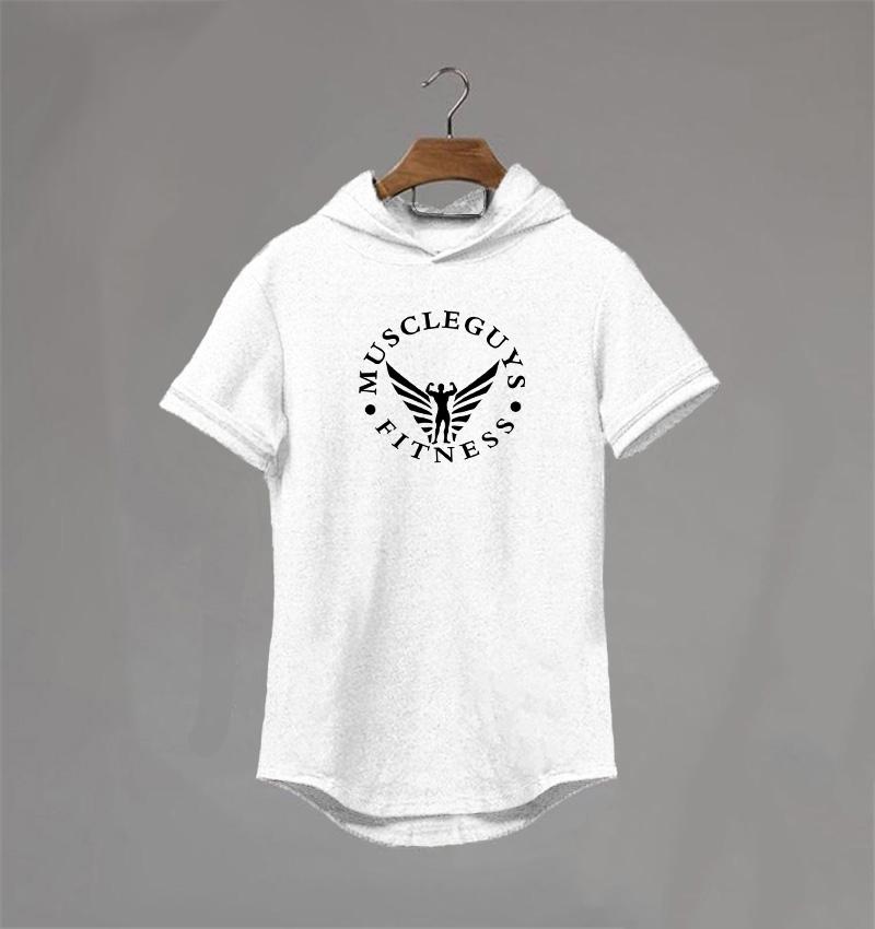 Muscleguys Sport Kapuzen-T-Shirt Sommer neues Herren Kurzarm-T-Shirt Baumwolle Trend Bodybuilding Fitness Kapuzen-Halbarm-Pullover XXL weiß