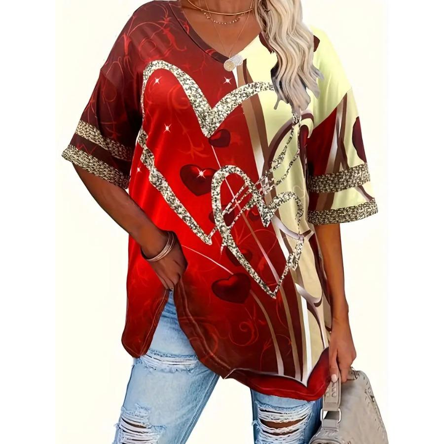 T-Shirt mit V-Ausschnitt und Herz-Print in Übergröße – kurzärmlig, lässig, bequem, modische Damenkleidung für den Alltag im Frühling, Sommer und Herbst XXL