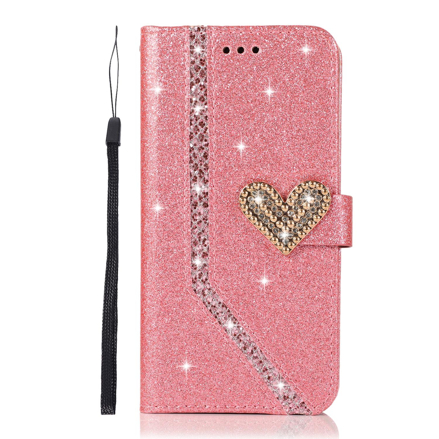 Bling Glitzer Klapp Leder Handyhülle Für iPhone 15 14 13 12 11 Pro Max XR XS X SE 2020 7 8 Plus Portemonnaie Handyhülle Ständer Capa For iPhone 12ProMax&Case & Strap rose rot