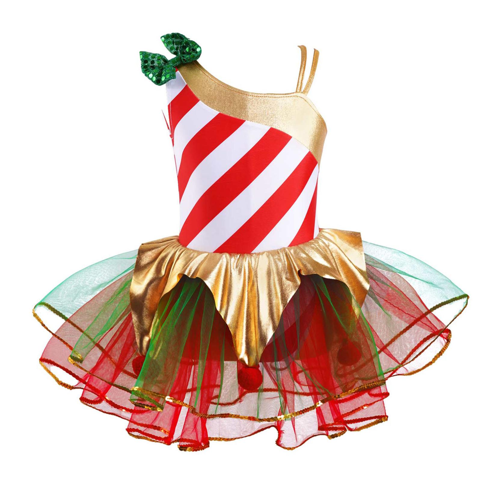 Kinder Mädchen Elf Weihnachten Kleid Pailletten Streifen Karneval Festival Santa Cosplay Kostüm Ballett Trikot Tutu Kleid Dancewear 9-10 Years rot