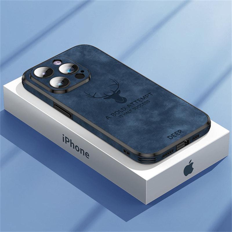 Luxus Hirsch Leder Handyhülle für iPhone 15 14 13 12 11Pro Max XS XR XS Max 7 8Plus Objektiv Glas Stoßstange stoßfeste Silikonhülle iPhone 8 Plus blau