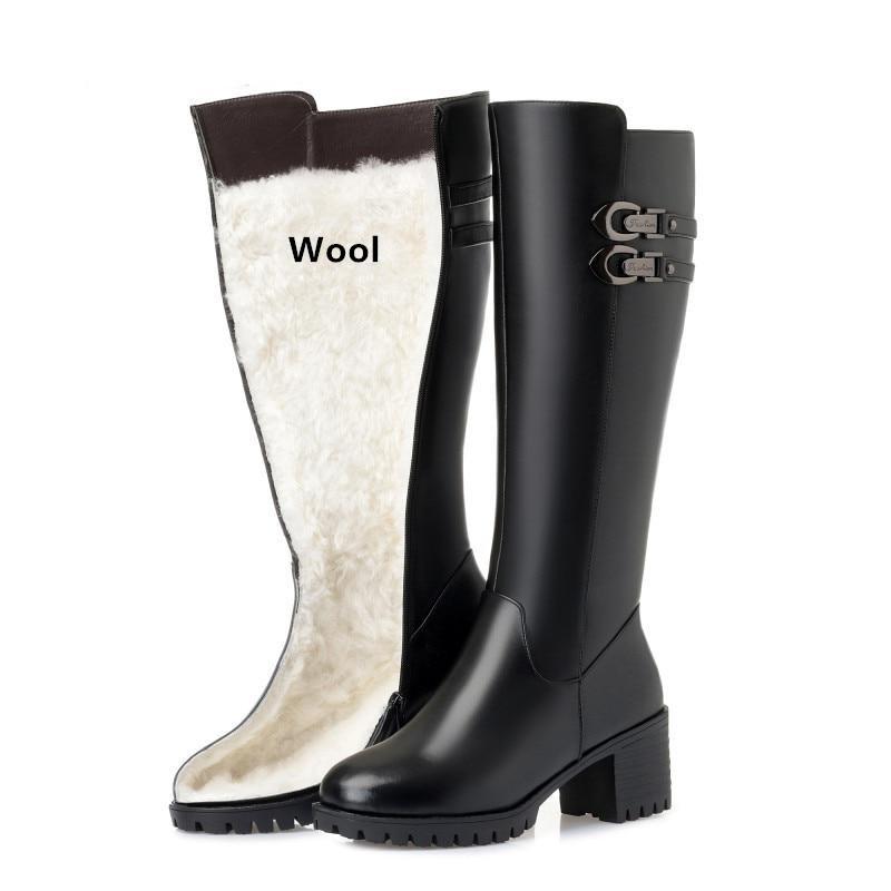 Frauen Echtes Leder Winter Wolle High Heel Hohe Stiefel Große Größe Warme Schnee Stiefel Frauen 35 schwarz