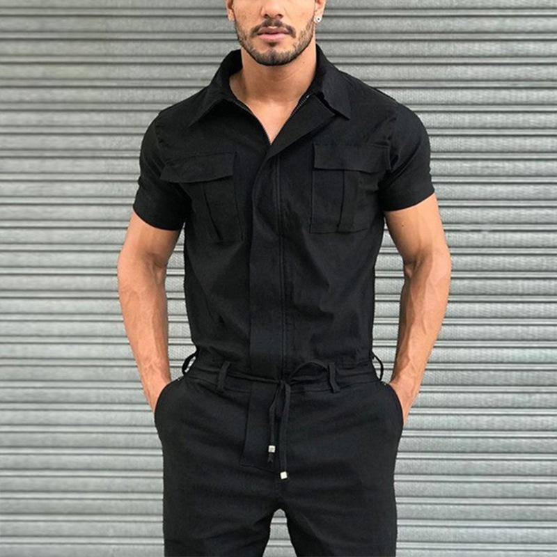 Mode Herren Reine Farbe Overall Frühling Herbst Kurzarm Overalls Overall Plus Größe XXXL schwarz
