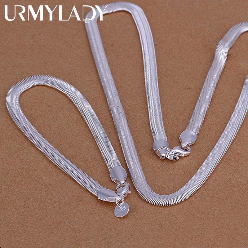 925 Sterling Silber Halskette Armbänder Schmuck Set 6MM flache weiche Schlangenkette Mode Silber Damen Herren Hochzeit 45cm and 20cm