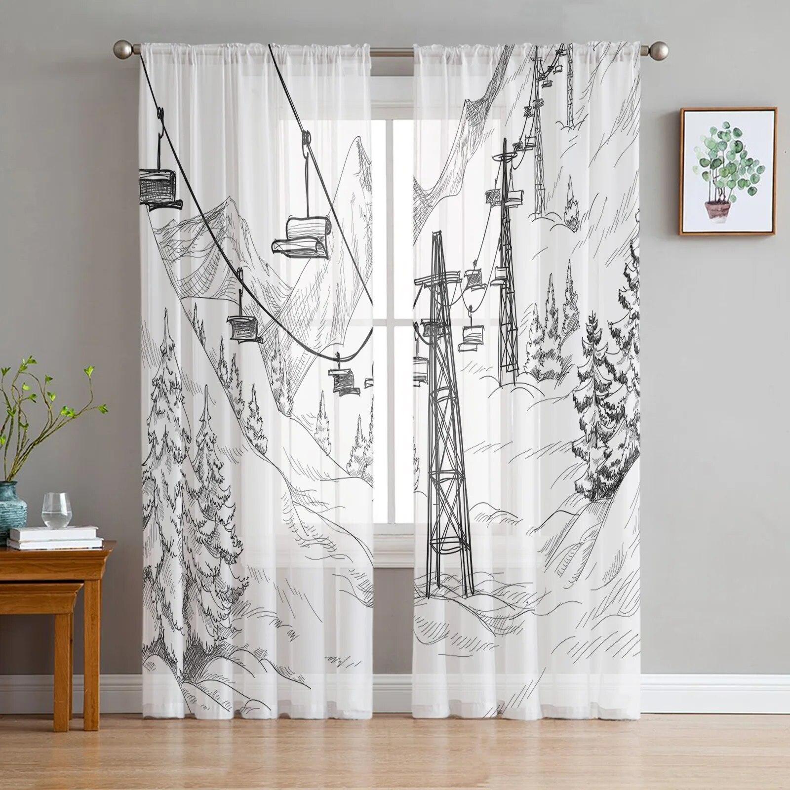 Spielen Sie Spiel Schwarz Weiß Cartoon Graffiti Tüll Vorhänge für Wohnzimmer Vorhänge Fenster Sheer Moderne Vorhänge für Schlafzimmer Dekor 135W x 114H(cm)