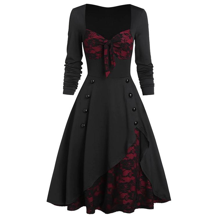 Halloween Frauen Mittelalter Vintage Gothic Renaissance Kleid Cosplay Palace Retro Spitze Nähte Knopf Langarm Damen Kleid Kleid Übergröße 3XL wein rot