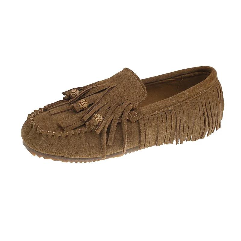 Flache Schuhe Luxus Sommer Alleskönner Flache Bohnenschuhe Zum Hineinschlüpfen Faule Damenschuhe Weiche Sohlen Flacher Ausschnitt Retro Quaste Damenschuhe 35 khaki