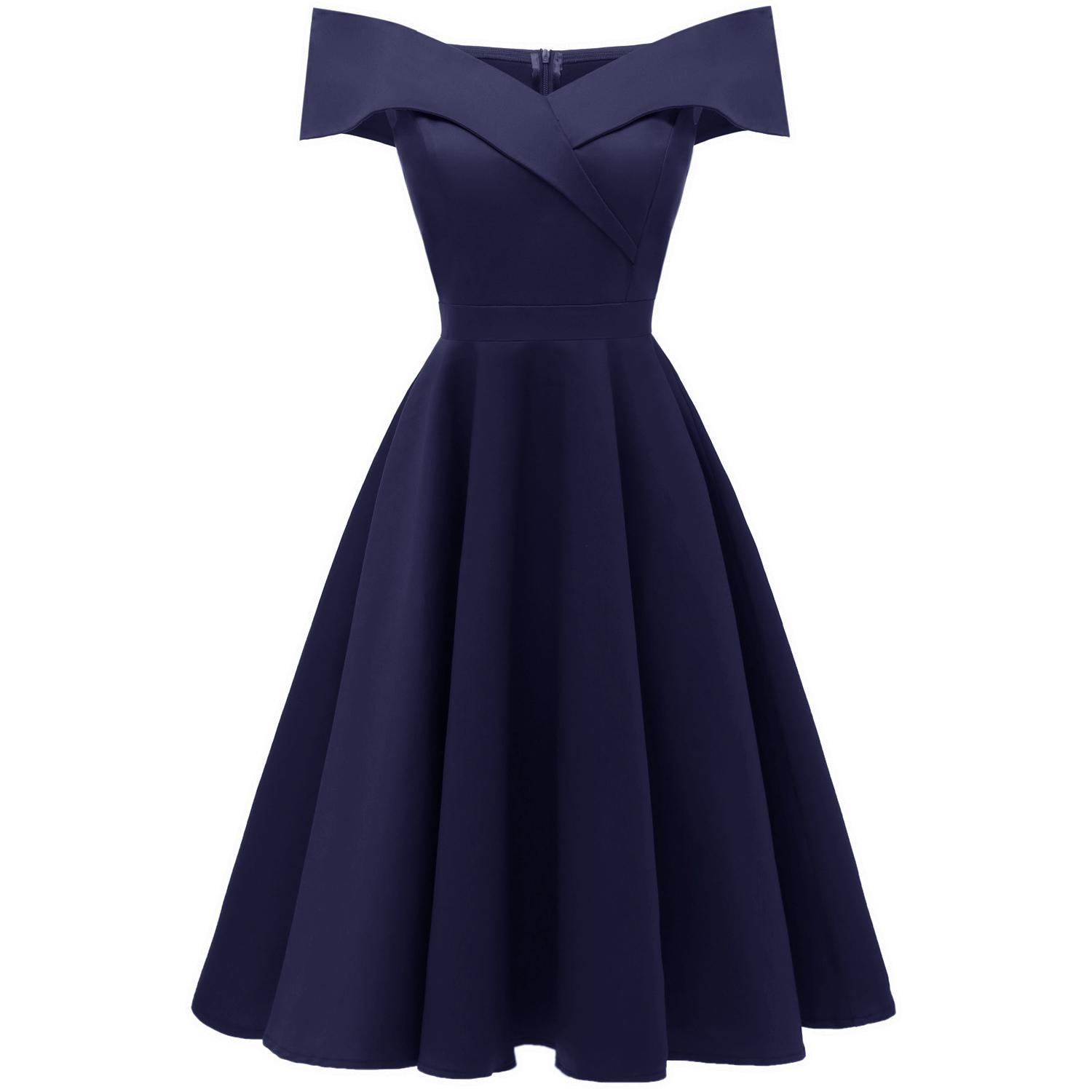Schulterfreies Bardot-Midi-Ballkleid im Vintage-Stil für Damen, Satin-Skater-Midi-Kleid, klassisches kleines Schwarzes, Abendparty, Cocktail, Hochzeit, Gast, Anlass, Outfit XL navy blau