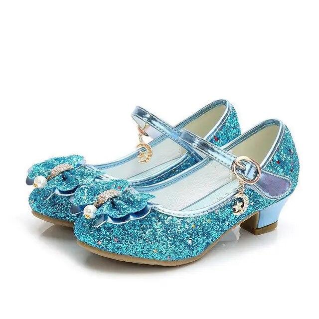 Prinzessin Schmetterling Leder Schuhe Kinder Diamant Bowknot High Heel Kinder Mädchen Tanzen Glitter Schuhe Mode Mädchen Party Tanz Schuh 30 blau