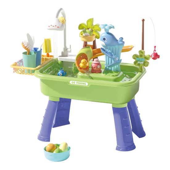 Kleinkinder Sand- und Wassertisch Spielzeug, mit Wasserhahn, Spielzeug-Essenszubehör, Angelspielzeug, Spielküchenbecken Spielzeug mit elektrischer Wasserpumpe für Jungen, Mädchen grün