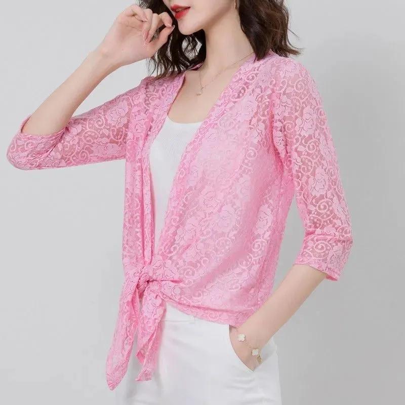 Sommer Dünner Mantel Cardigan Damen Kurzer Stil mit Sonnenschutz Mantel Schal Spitze Schal Lässiges Einfarbiges Hemd L rosa