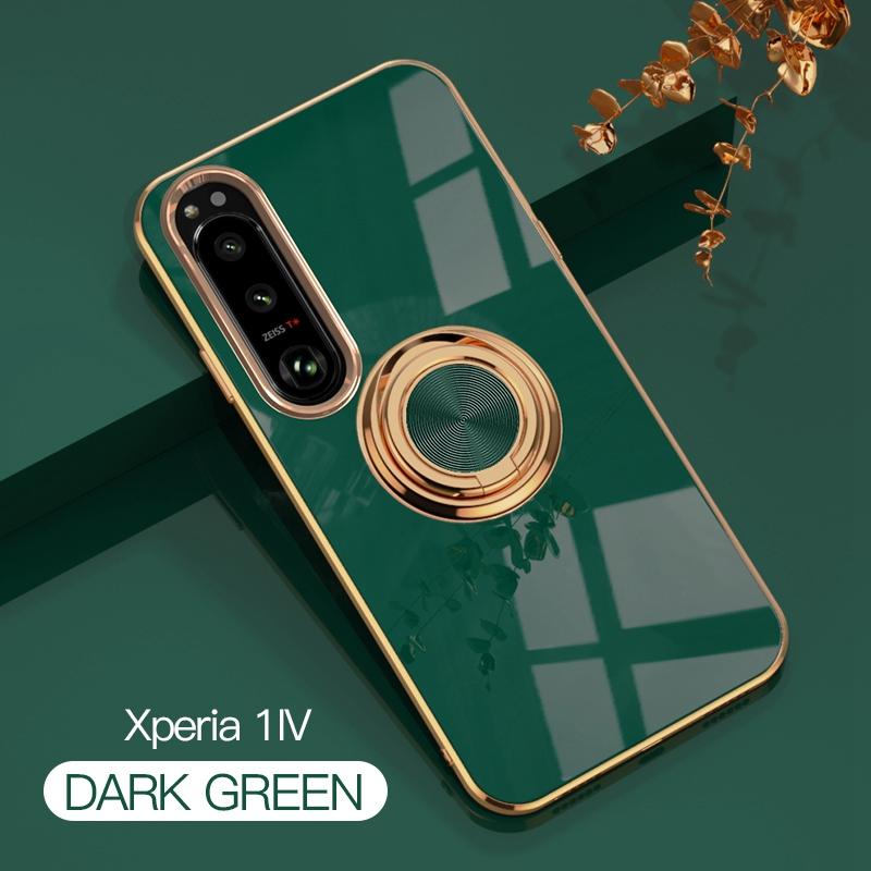 Luxuriöse, galvanisierte Silikonhülle mit magnetischem Ringhalter für Sony Xperia 1 5 10 III IV V ACE II. Stoßfeste, galvanisierte Hülle For Xperia 1 IV dunkelgrüne