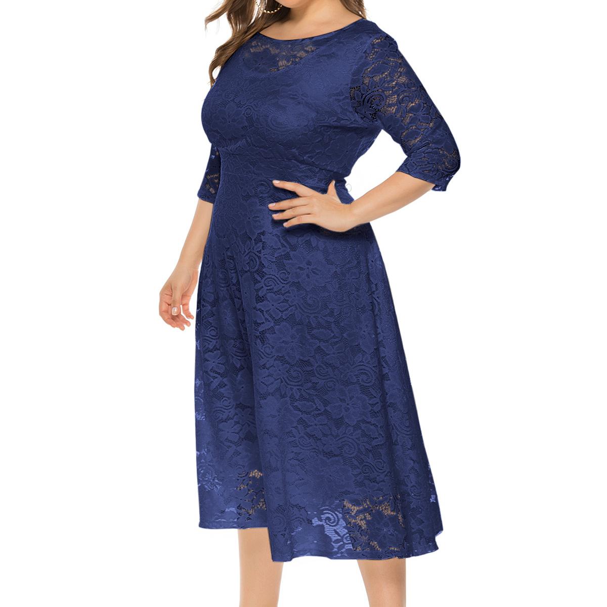 Plus Größe Xl-6xl Neue Mode Beliebte Abendkleid Mittlerer Länge Hohle Spitze Frauen Kleider Rot Weiß Schwarz Blau Grün Kleidung XL navy blau