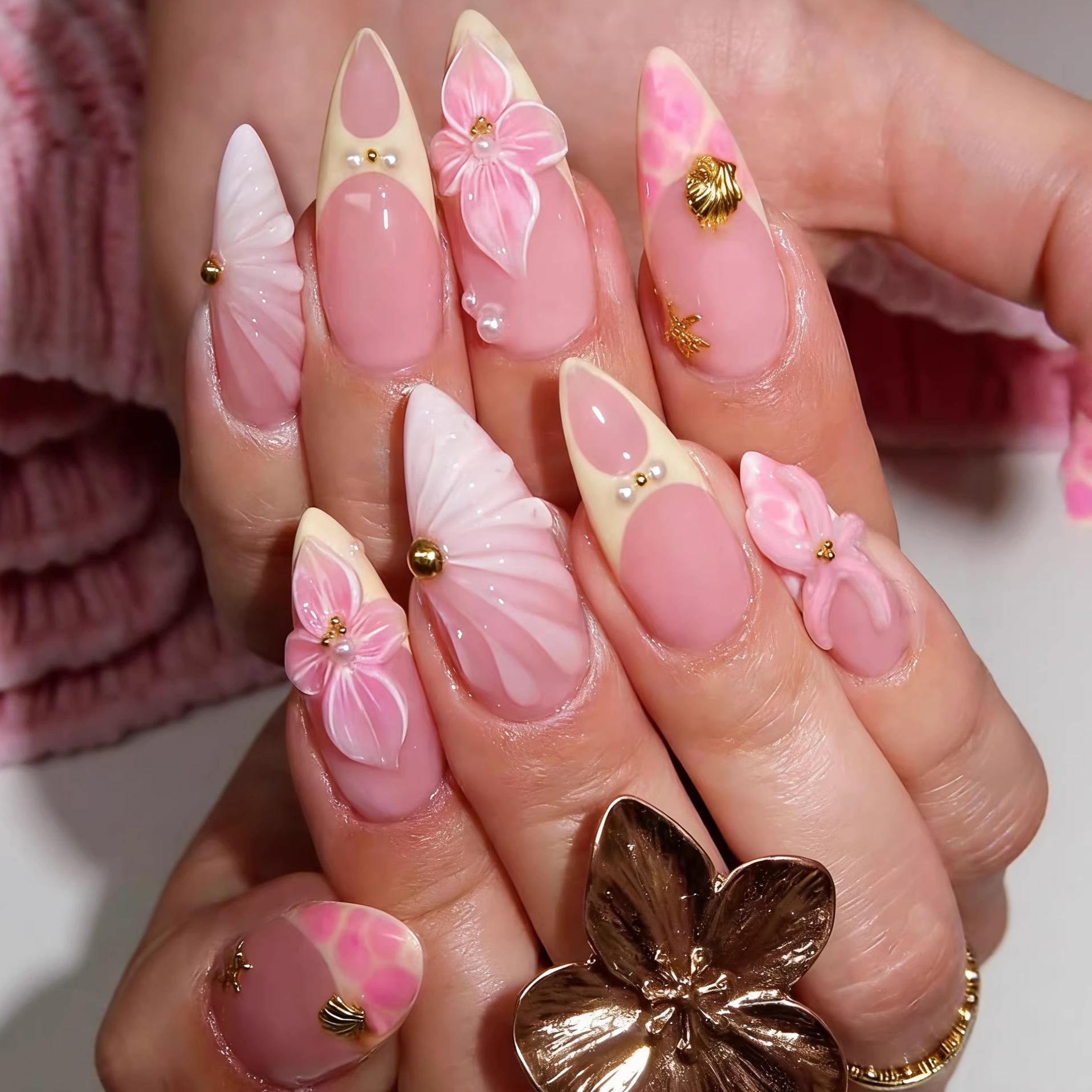 24 Stück Süße Rosa Smudging French Press auf Nägeln Vollabdeckung 3D Blume Seestern Mandel Falsche Nägel für Frauen Mode Schönheit Ins Nagel