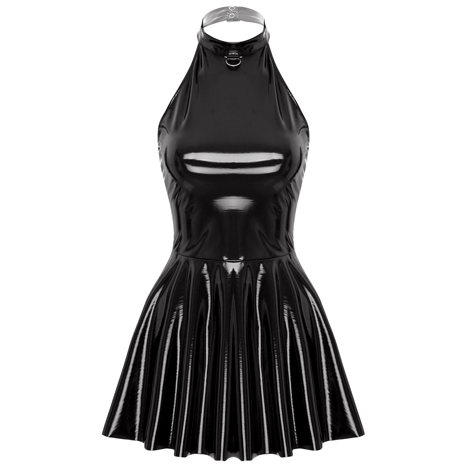 Damen Lackleder Kleid Neckholder Ärmellos Schwingrock Mini Länge Club Party Kleid 3XL schwarz