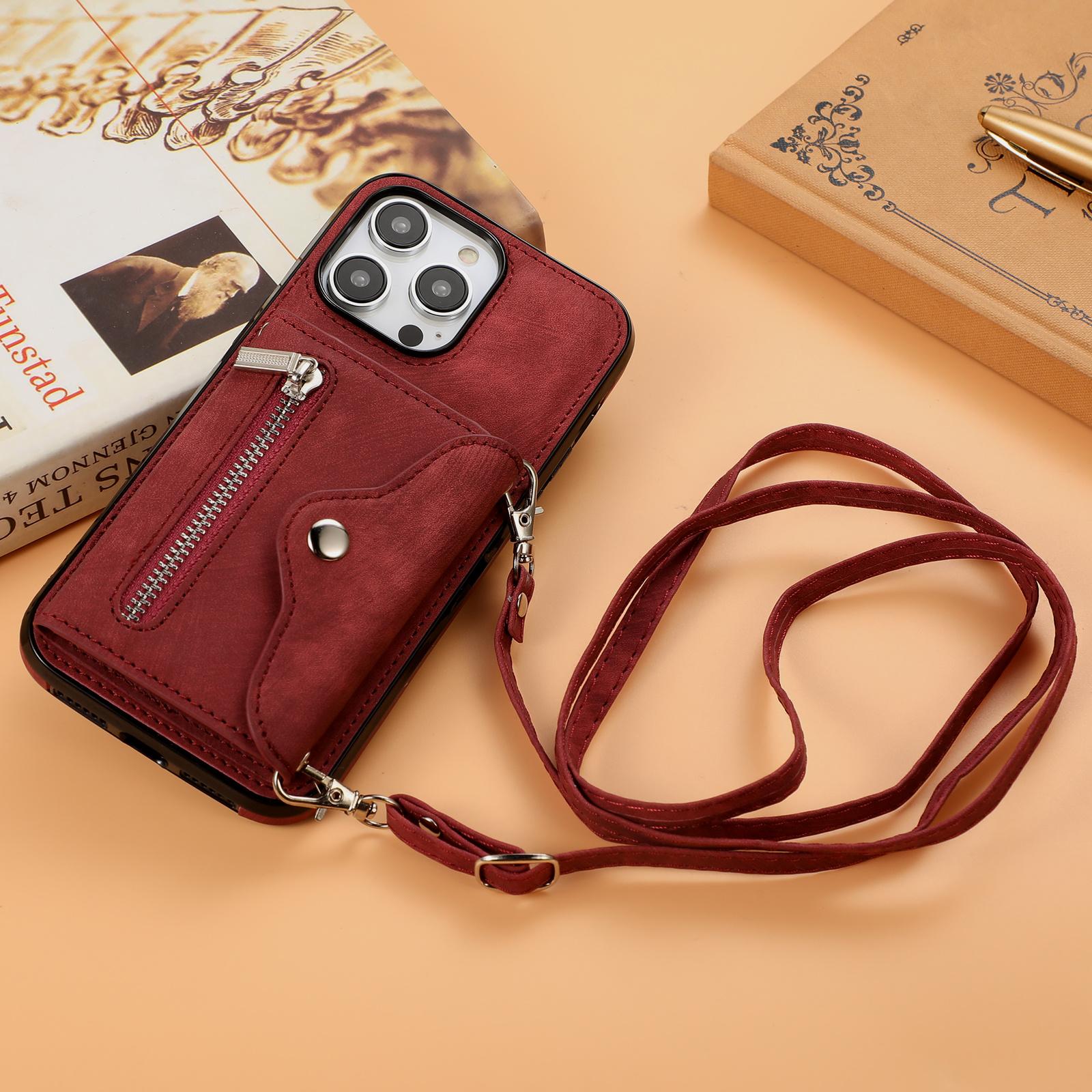 Crossbody Schultergurt Reißverschluss Brieftasche Ledertasche für Samsung Galaxy S24 S23 S22 S21 S20 S10 A52 A14 A24 Multi-Card Slot Orgel Design Stand Cover Samsung S23 Ultra rot