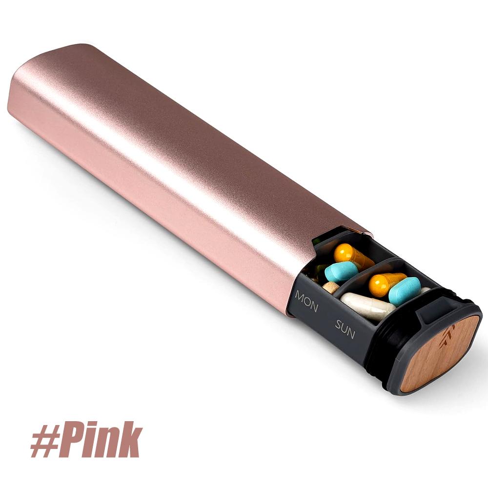 1 Stück 7-Tage-Pillendose aus Aluminiumlegierung und Holz mit großer Kapazität für Pillen, Vitamine und Medikamente rosa