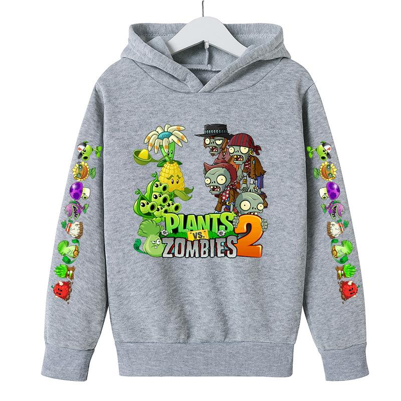 Kinderbekleidung Winter Neu Pflanze Krieg Zombie Cartoon Print Niedlich Lässig Jungen und Mädchen Weiche Kapuzenpullover 150cm graue