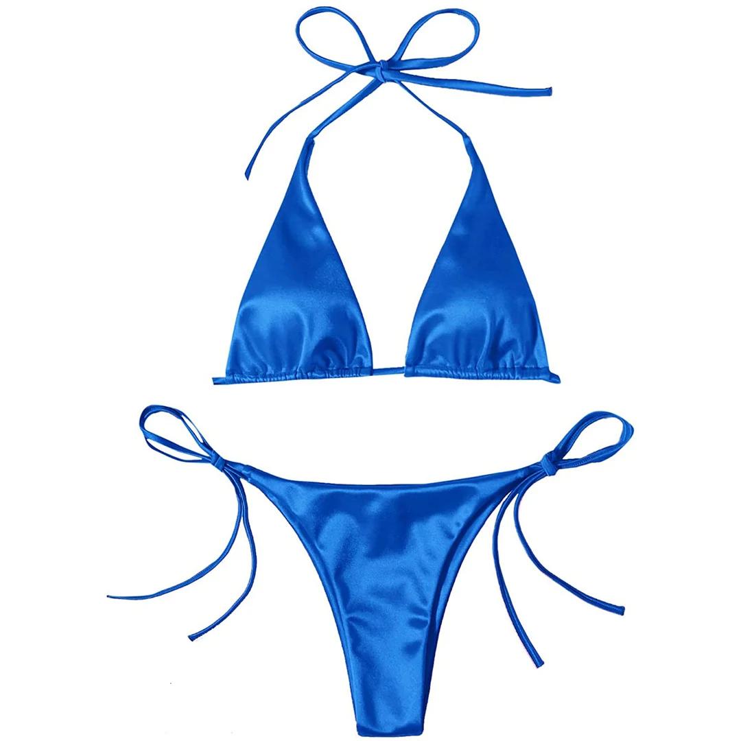 Sexy 13 Farben Neckholder Satin Brasilianischer Bikini Damen Bademode Damen Badeanzug Zweiteiliges Bikini-Set Badesachen Badeanzug Schwimm M blau