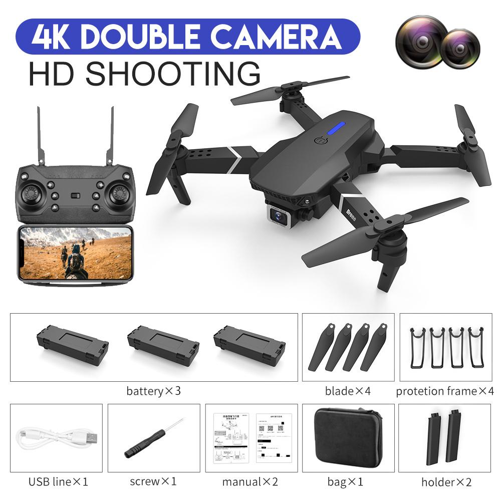 2023 neue E88 RC Mini Drohne 4K Weitwinkel Single/Dual Kamera Optische Fluss Positionierung WiFi FPV Hubschrauber faltbare Selfie Quadcopter Spielzeug Geschenk dual camera 3 battery schwarz