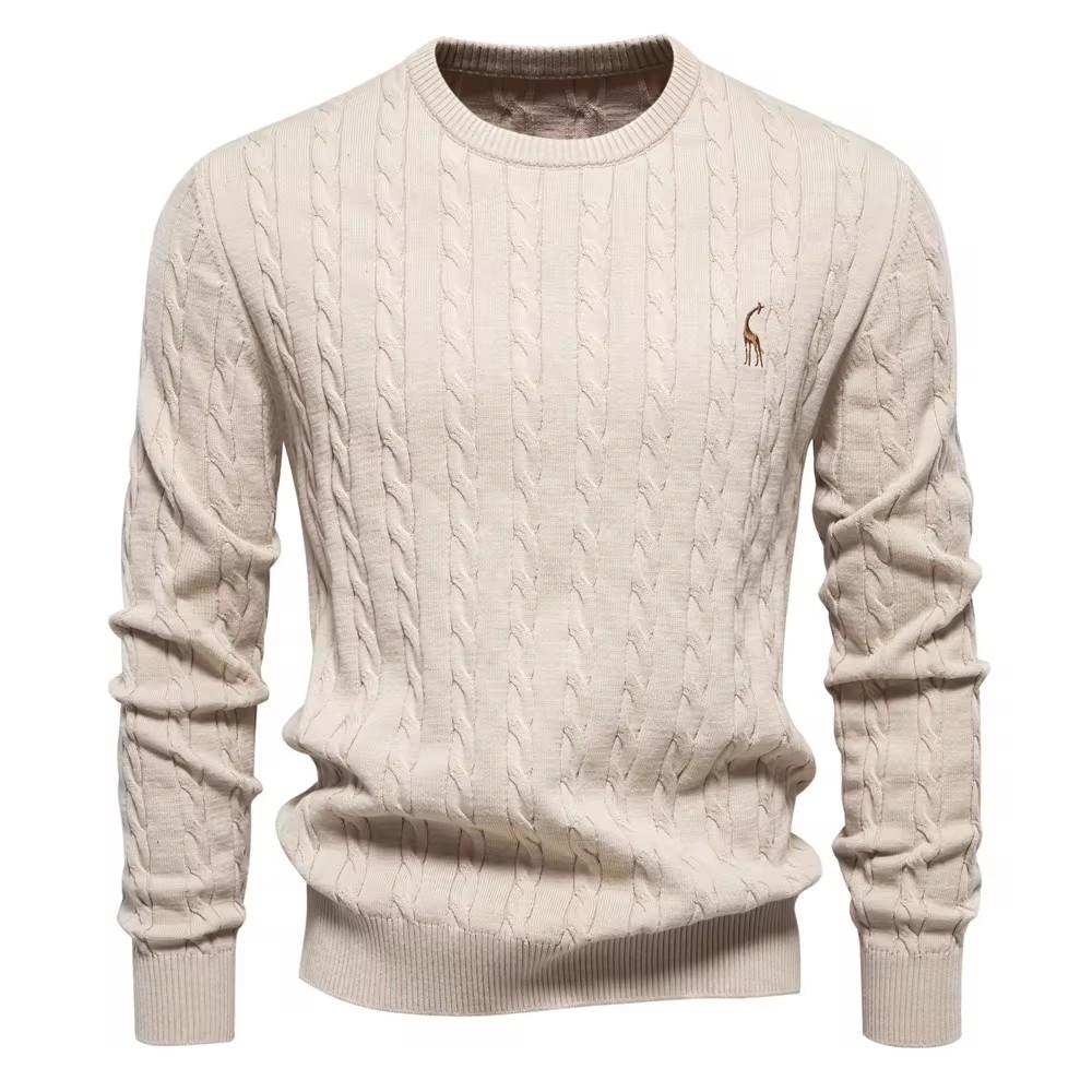 AIOPESON Herren-Pullover mit Giraffenstickerei, Baumwollpullover, Rundhalsausschnitt, klassischer Twist-Muster-Pullover, Strickpullover für Männer XXL 95-105 kg apricot