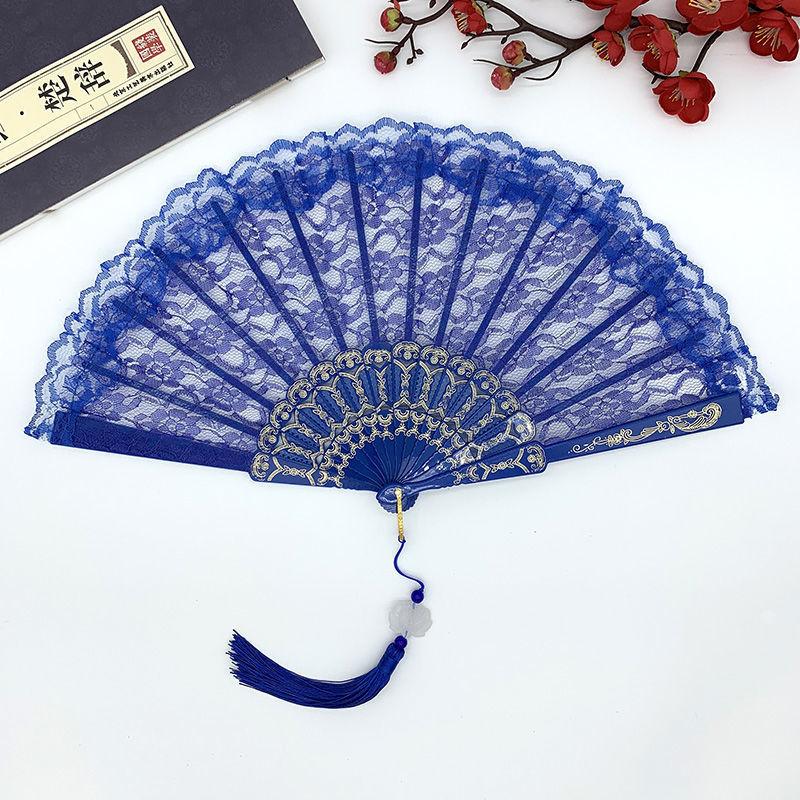 Europäischer Stil, Retro Spitze Spitze, Fächer für Damen, Sommer, Orchideen-Fächer, Tanzaufführung, Foto-Requisiten, Faltfächer Fan with tassel königsblau