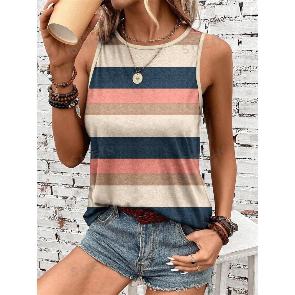 Vintage Gestreiftes Damen-Tanktop Sommerlich Lässig Damen Elegantes Rundhals-Tanktop Streetwear Ärmelloses Top für Damen 3XL
