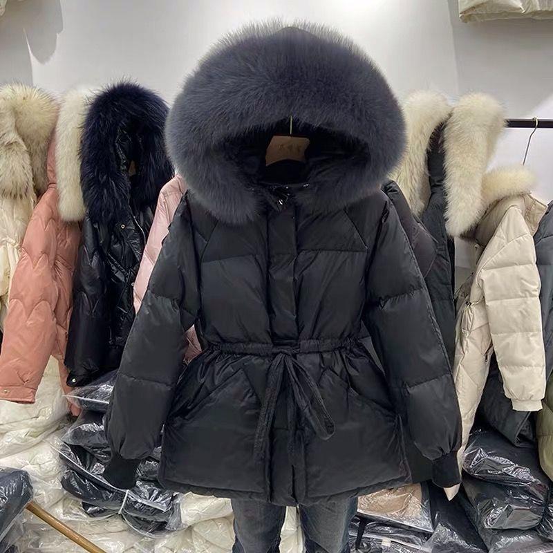 Winter Damen Daunenjacken Ultraleicht Warme Jacke Jacke Kapuzenparka Großer Pelzkragen Mantel XS schwarz
