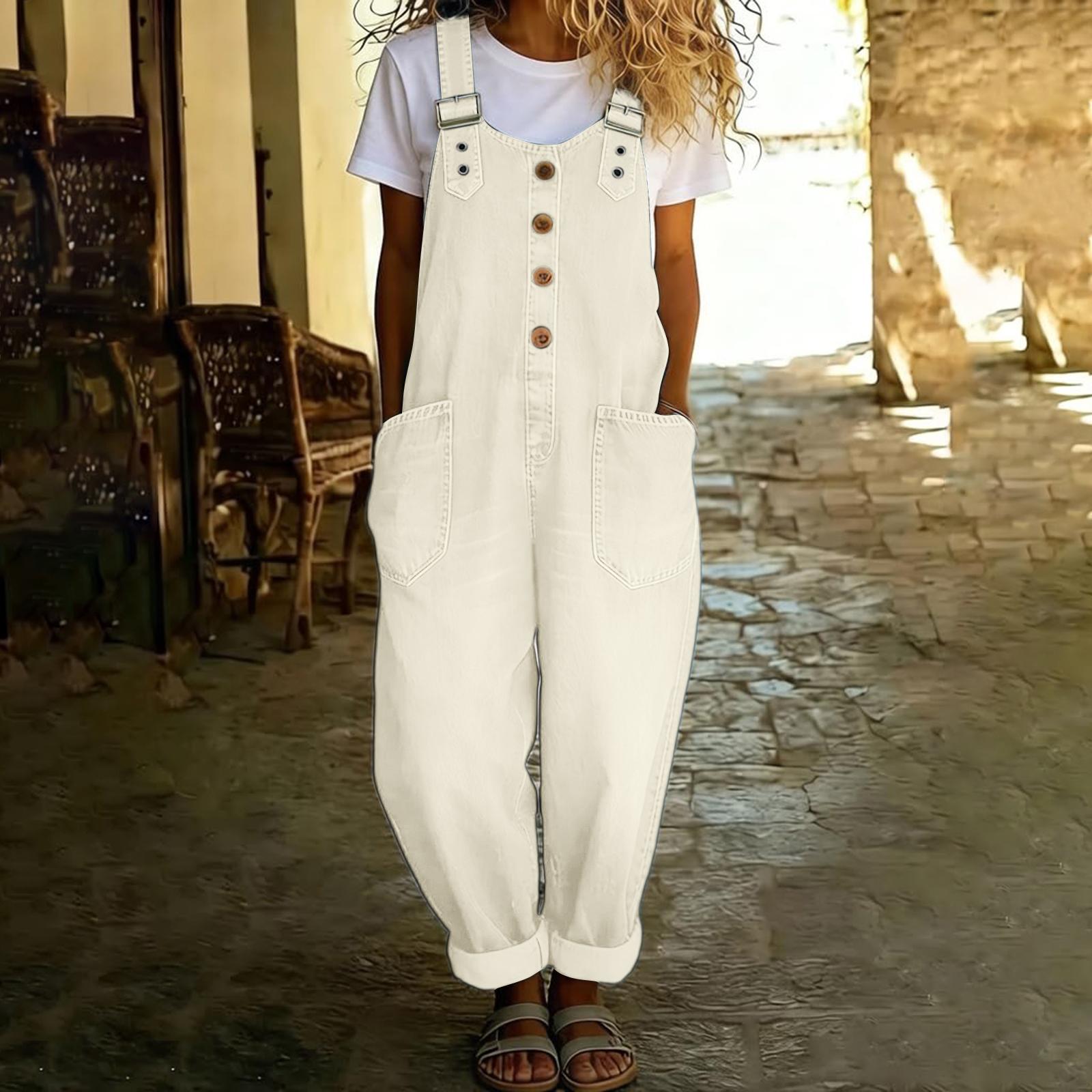 Damen Lässige Jeans Latzhose Verstellbarer Träger Jumpsuit mit Knopfleiste vorne und großen Taschen Freizeit Ärmellose Latzhose L weiß