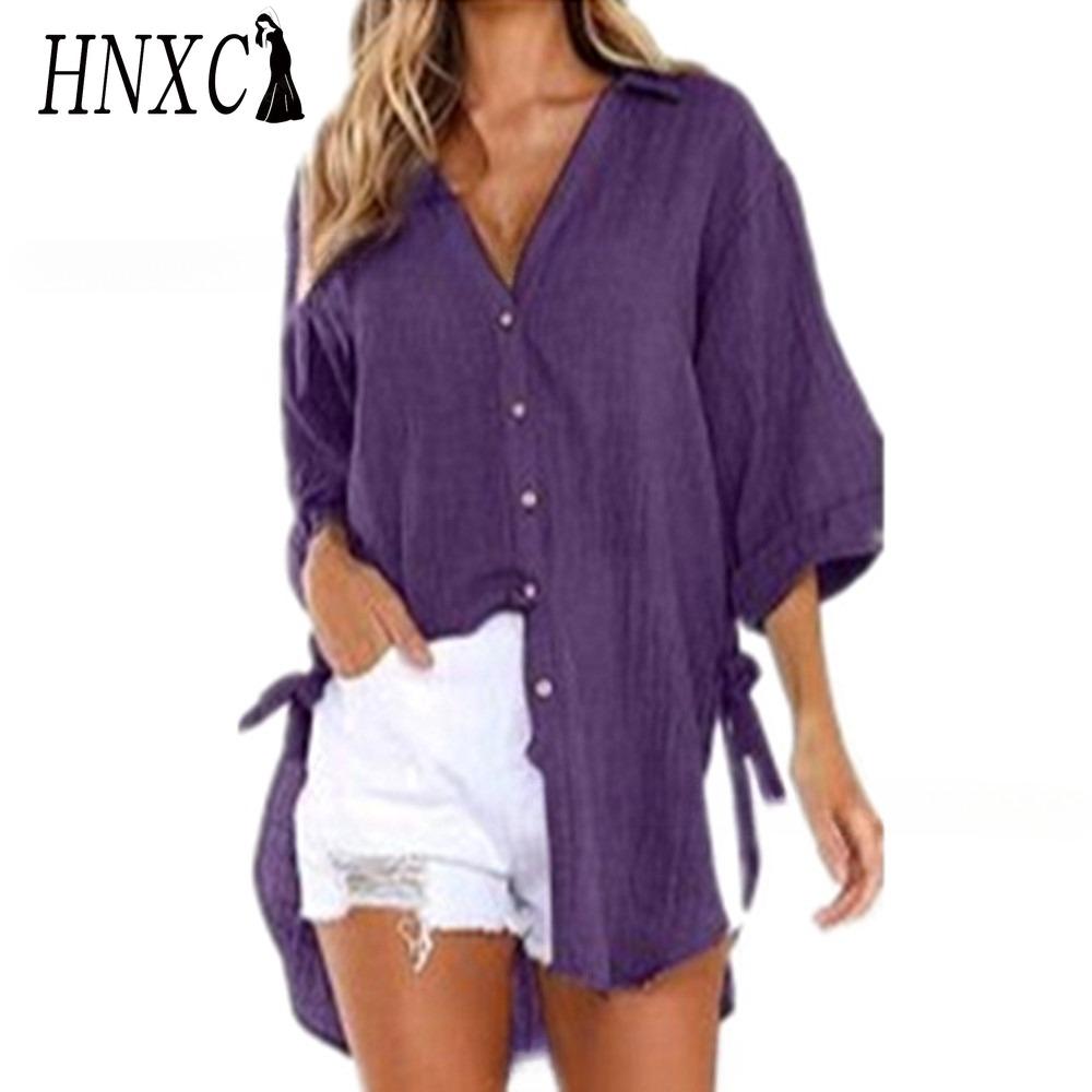 HNXC Damenmode Lässig Einfarbig Druck Langarm POLO Kragen Blusen & Hemden L violett