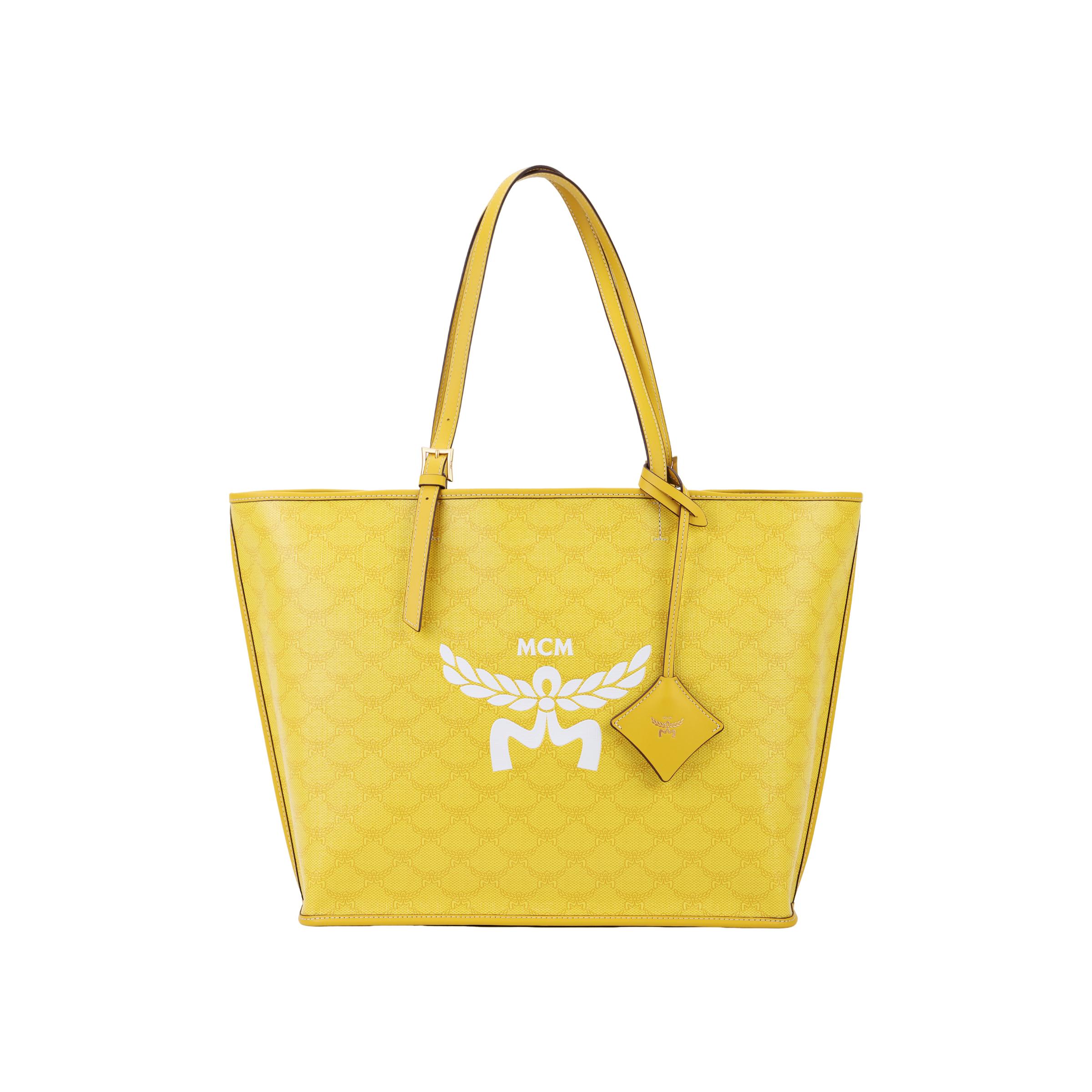 MCM Himmel AW24 Klassische Logo-Buchstabenkombination Leinwand und Napa-Leder Rucksack Umhängetasche Mittel Damen Taschen Zitronengelb MWPESAC03Y9001 Basic Set (Bag+Dust Bag)