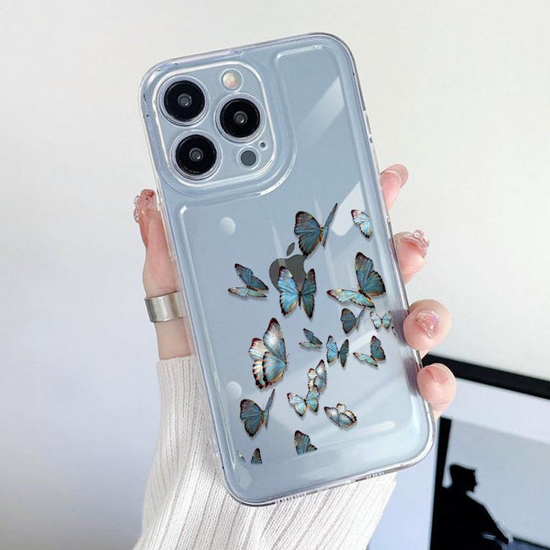 Modische Silikon Klare Handyhülle Für iPhone 16 15 Pro Max 14 Pro 13 12 11 Stoßfest Bunt Liebesherz Schmetterling Blumenmuster Weiche Handyhülle iPhone 11 Pro