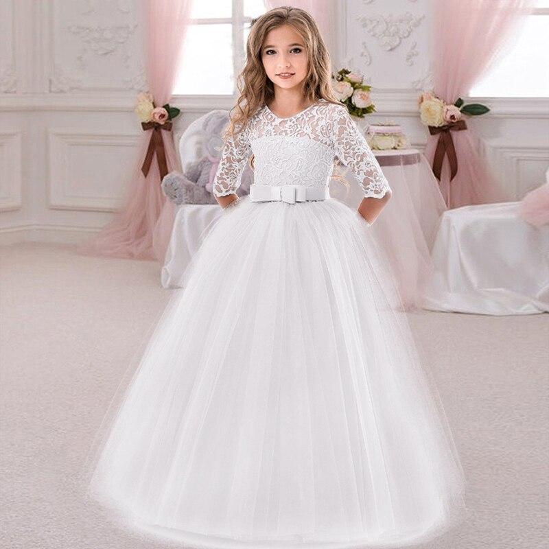 Sommer Langarm Mädchen Party Kleid Hochzeit Kleid Kinder Kleider Für Mädchen Kinder Abend Spitze Prinzessin Kleid 110cm weiß
