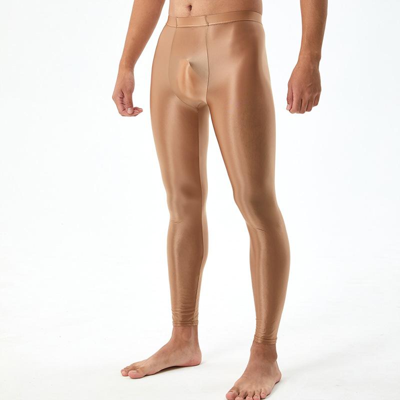 Seidig glatte, sexy, enge Leggings für Herren, U-konvexe, glänzende Hose, Bodybuilding, Übergröße, glänzend L kaffeebraun