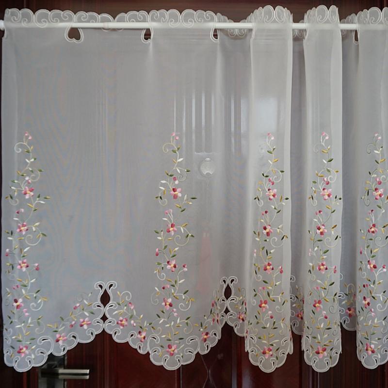 Bunter pastoraler Vorhang mit Kirschblütenmotiv, florale Stickerei, Gaze-Vorhang für Küche, Erkerfenster, Tür, Halbschattung für die Haustürdekoration H90cmXW150cm