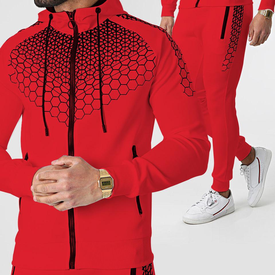 Herrenanzug Zweiteiliger Jogginganzug für den Außenbereich Wabenmuster Sport Reißverschluss Kapuzenpullover Jogginghose Übergröße XXL rot