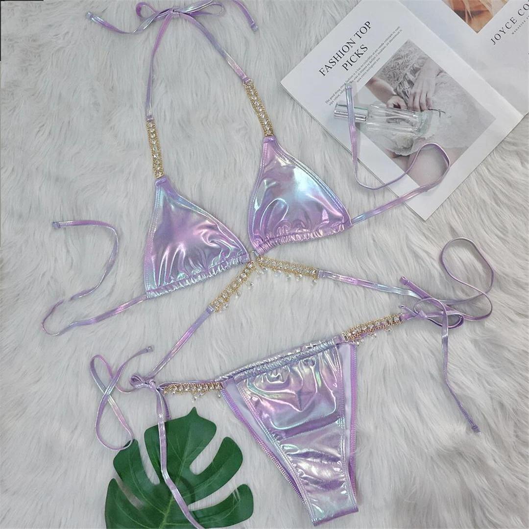 Diamant Strasssteine PU Kunstleder Bikini Damen Badeanzug Damen Bademode Zweiteiliges Bikini-Set Bademode Badehose Schwimm S gray