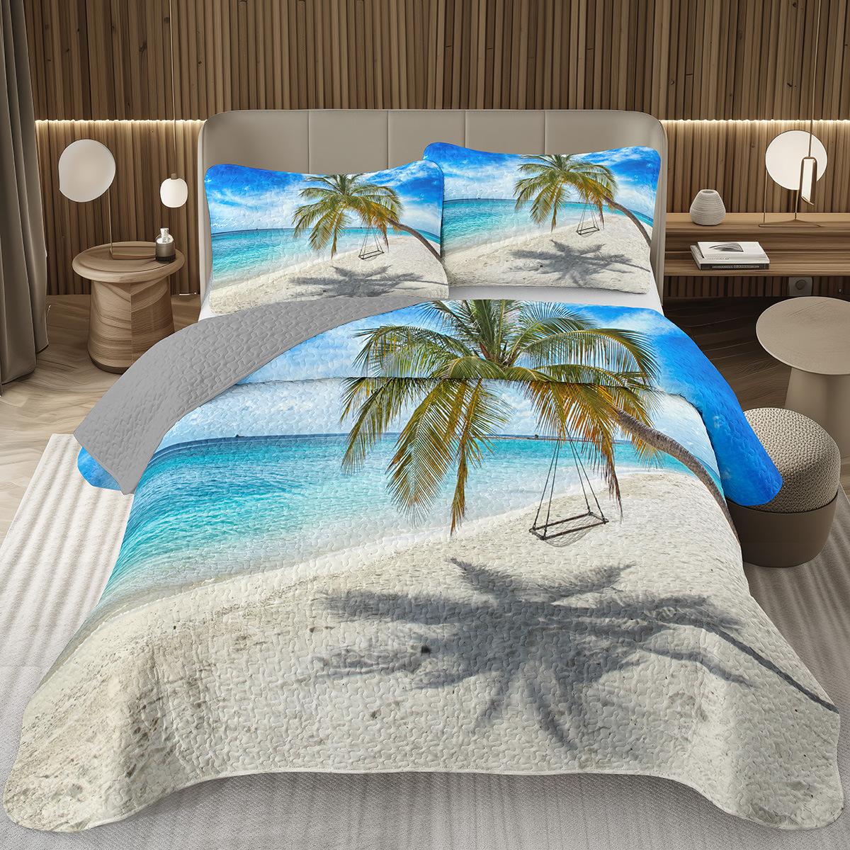 Strand Tagesdecke Tropische Palme Tagesdecke Set, Meer Ozean Quilt Set Twin King Size Küstenlandschaft Küstenthema Bettwäschesets US Full 203x228cm