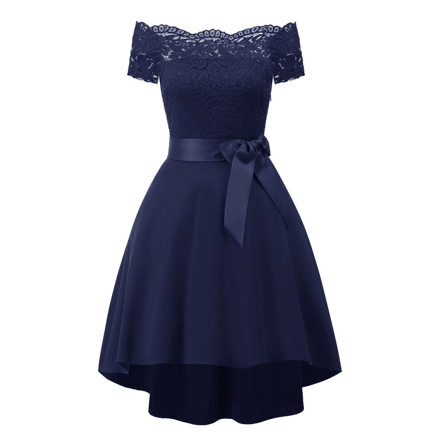 Damen-Midikleid mit Spitzen-Muschel-Bardot-Ausschnitt, hohem, tiefem Saum, kurzes Abendkleid, Party, Brautjungfer, Hochzeit, Gast, Cocktail, Promi, elegante Anlässe S navy blau