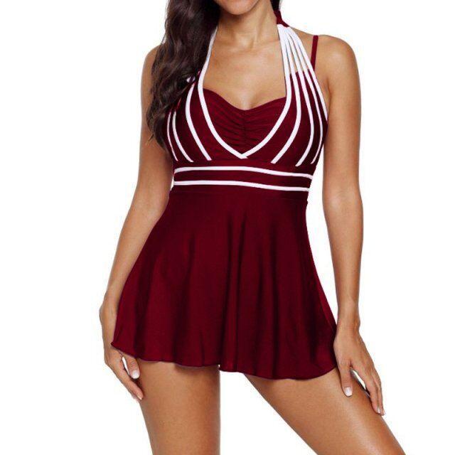 Große Bademode für Damen M-5XL Schlanker Badeanzug Mit Höschen Rückenfreies Tankini-Set KTB M rot