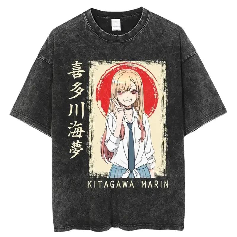 Mein Dress-Up Darling Marin Kitagawa Teufel Cosplay Vintage Säurewaschung Beidseitig Grafik Oversized Schwarzes T-Shirt | Anime Fan Streetwear Merch Tee L elfenbein