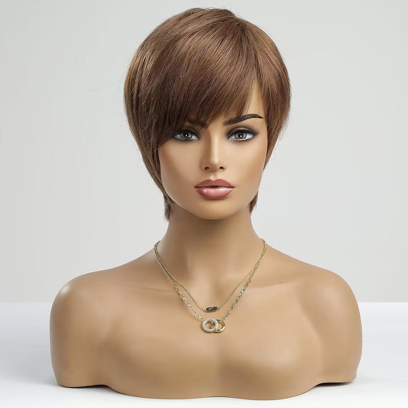 HAIRCUBE Kurze cremige blonde 100 % Echthaar-Perücken für Frauen, gerade Pixie-Schnitt-Perücke mit Pony, leimlose Perücken, natürlich, für den täglichen Gebrauch brown