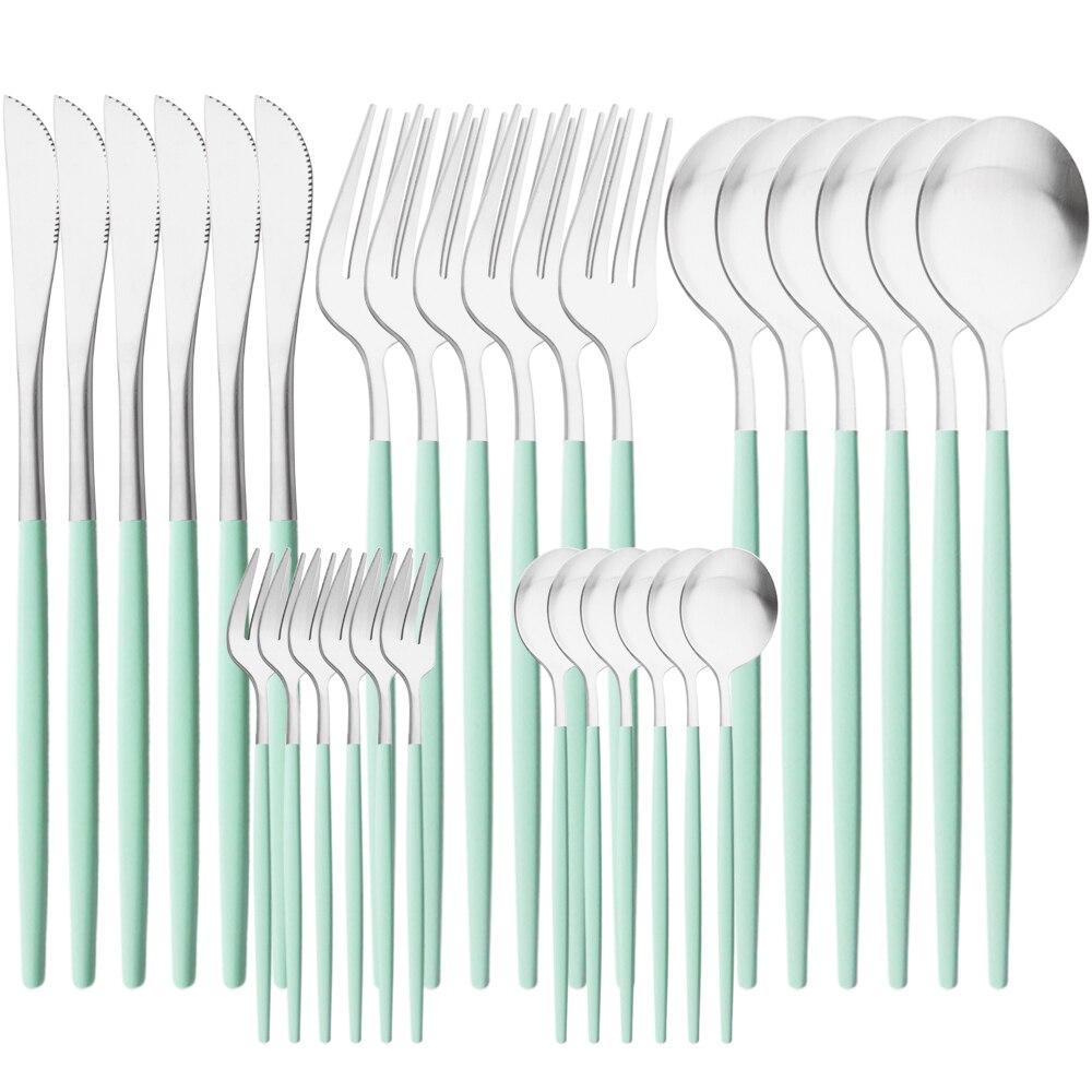 30-teiliges Besteckset aus Weißgold, matt, Geschirr, Messer, Gabel, Löffel, Edelstahl, Besteck, Küche, Party, Geschirr-Set silber/minze, grüne