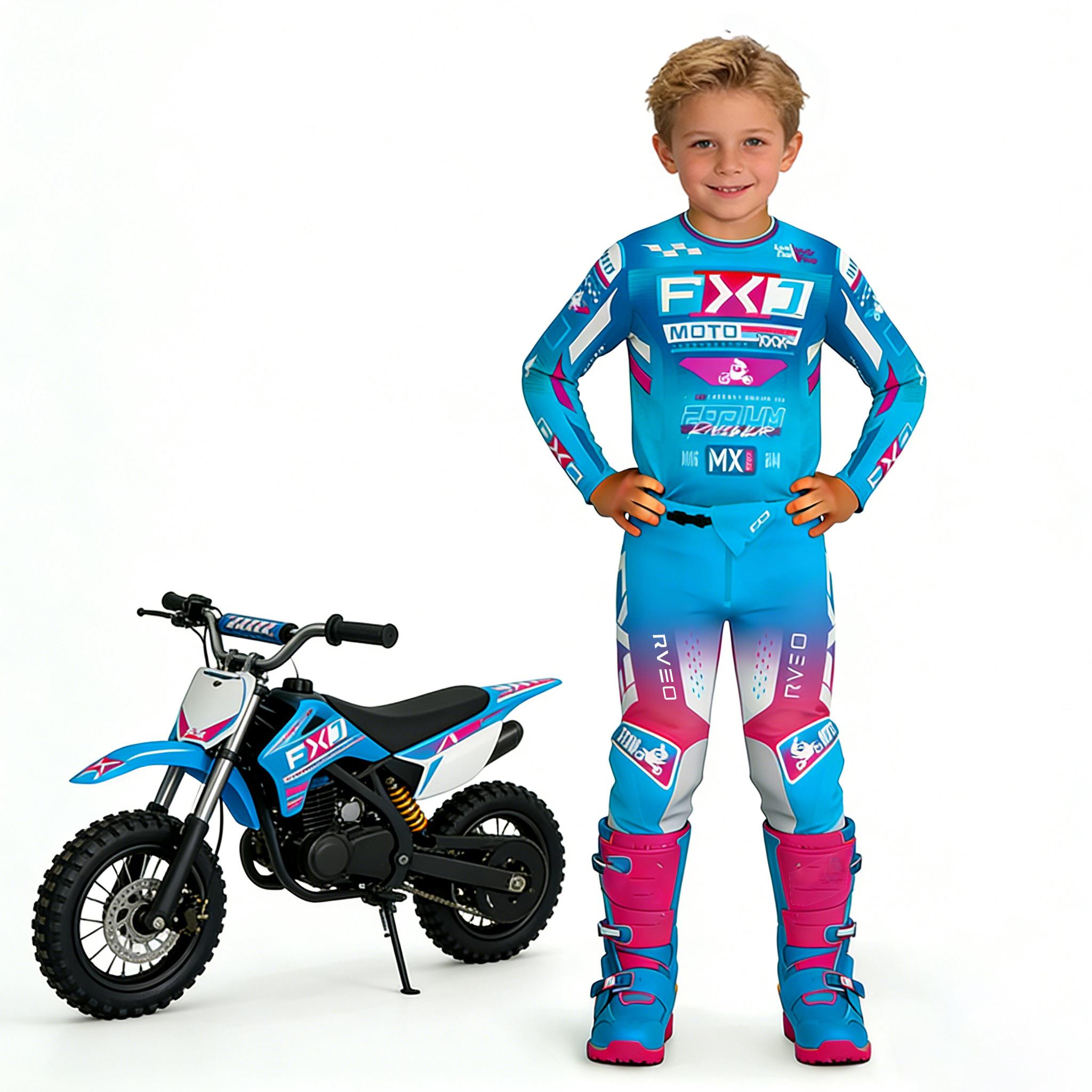 Motocross Kinder Set Motorrad Trikot und Hose Kinderkleidung großer Junge Mädchen Jugend MX Ausrüstungsset Personalisierte Nummer Name Rennanzug YS-20 (15-19KG) rosa